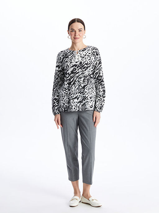 Ba?lamal? Yaka Desenli Uzun Kollu Kad?n Bluz