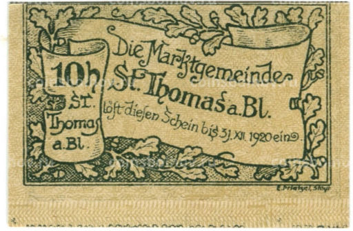 10 геллеров 1920 года Австрия Санкт-Томас-ам-Блазенштайн (нотгельд)