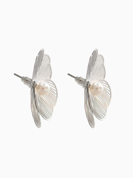 Серьги с жемчугом «Цветы» крупные, белые в серебре