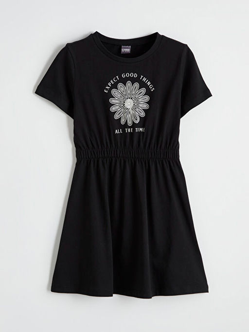 Bisiklet Yaka ?i?ek Bask?l? K?z ?ocuk Elbise