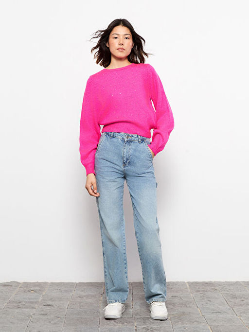 Bisiklet Yaka Pul Bask?l? Uzun Kollu Kad?n Triko Kazak