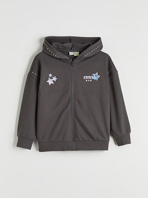Kap??onlu Lilo ve Stitch Bask?l? K?z ?ocuk Fermuarl? Sweatshirt