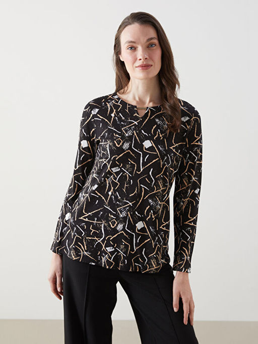 Bisiklet Yaka Desenli Uzun Kollu Kad?n Bluz