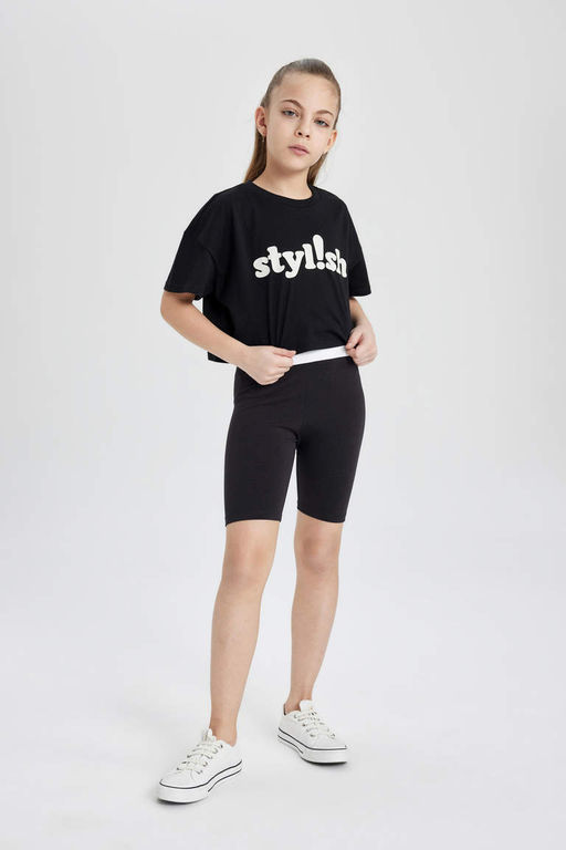 Укороченная футболка с короткими рукавами и принтом для девочек - Defacto фото 2