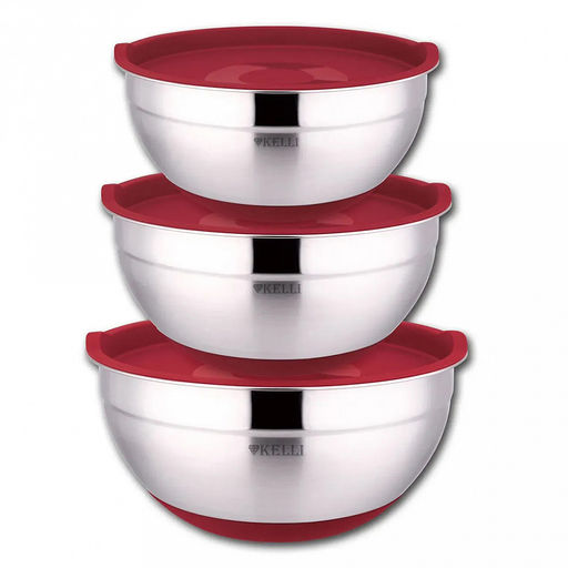 Миска из нержавеющей стали "Kelli" набор 3шт: 1,6л - д16см, 2,7л - д20см, 4,4л - д24см, мерная шкала, пластиковые крышки, зеркальная и матовая полировка, противоскользящее силиконовое основание, красный (Китай) Подходит для посудомоечной машины