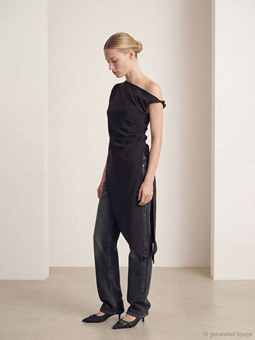 D?k?ml? Yaka Modal Kar???ml? Asimetrik Kesim Bluz