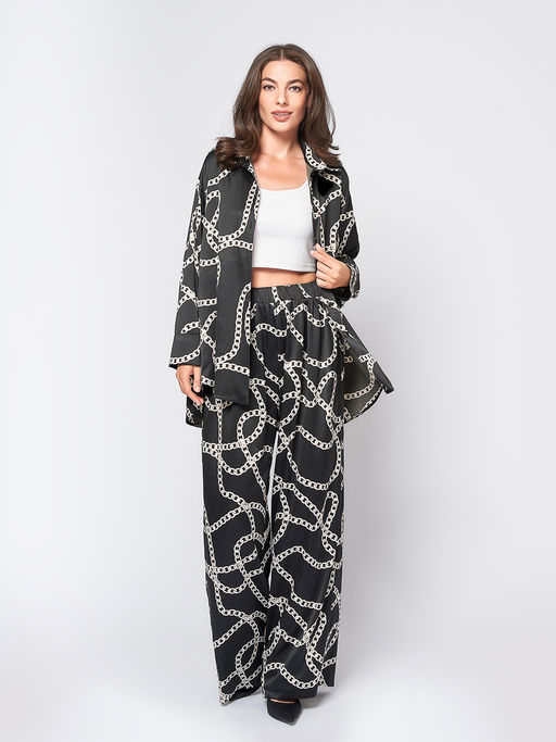 Брюки черного цвета в пижамном стиле с принтом - 1001dress фото 4