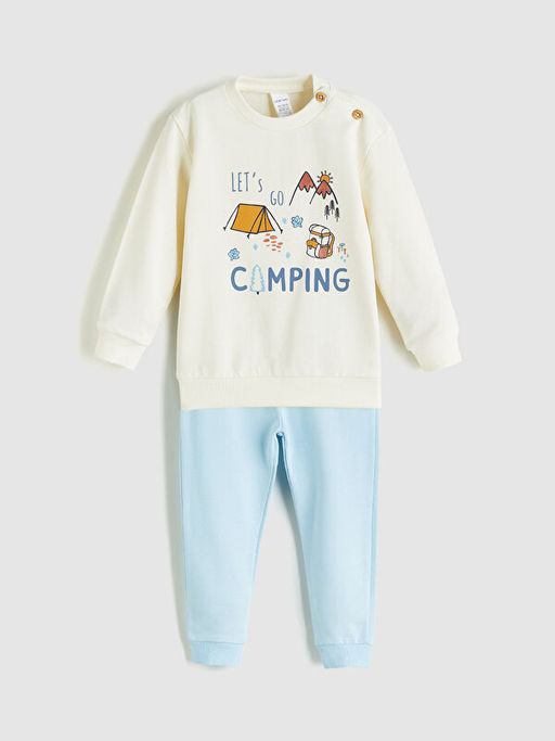 Bisiklet Yaka Bask?l? Erkek Bebek Sweatshirt ve E?ofman Alt 2li