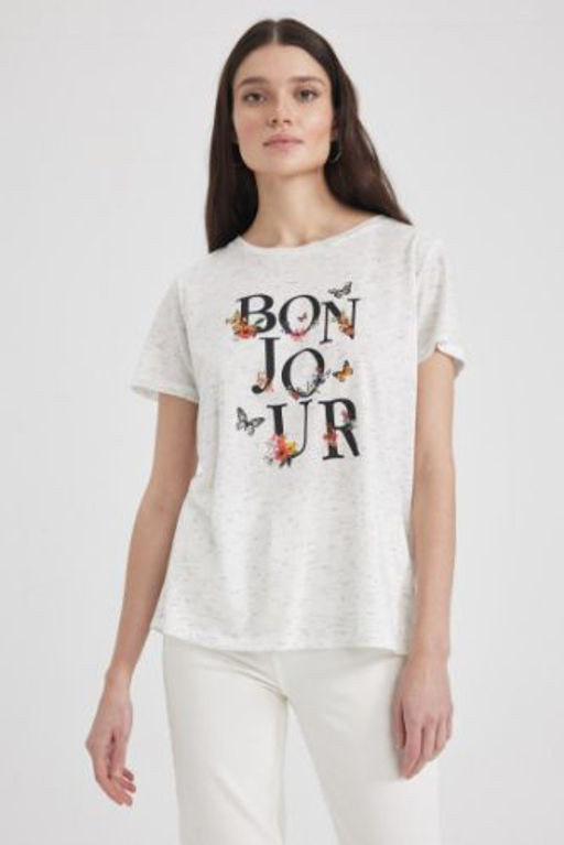 Regular Fit Bisiklet Yaka Bask?l? K?sa Kollu Tisort