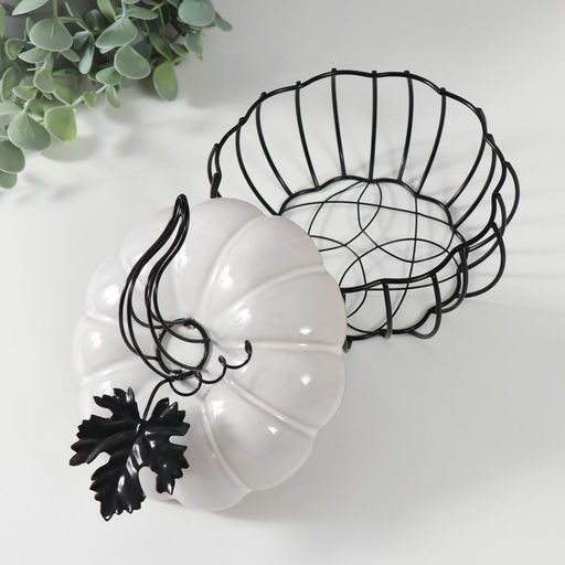 Шкатулка для украшений «Тыква с листочком», металл, керамика, белая с чёрным, 14×14×13 см