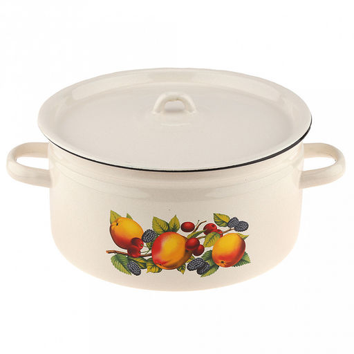 Яблоки Кастрюля эмалированная 5,5л, форма цилиндрическая, металлическая крышка, металлические ручки, жемчужный (Россия)