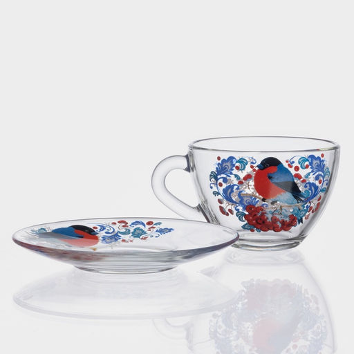 Чайная пара новогодняя Снегири на рябине, 200 мл, блюдце d=13 см, стекло, прозрачная