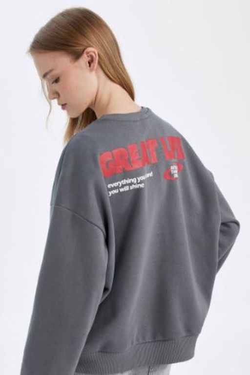 Loose Fit Bisiklet Yaka S?rt Bask?l? Kal?n Sweatshirt