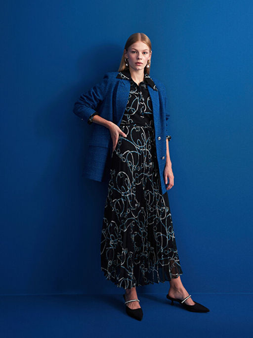 Desenli Uzun Kollu ?ifon Kad?n G?mlek Elbise