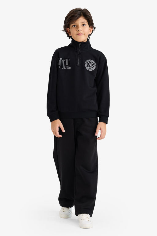 Yar_m Fermuarl_ Dik Yaka S_rt Bask_l_ Sweatshirt Erkek _ocuk - Defacto фото 2
