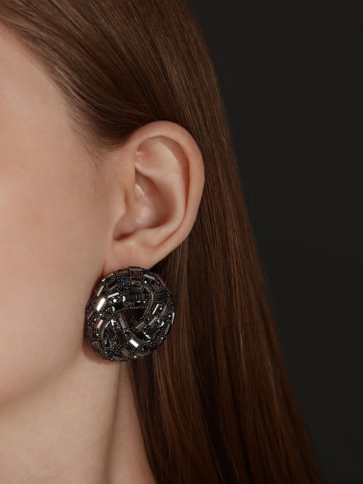 Серьги со стразами QF Блеск переплетение, серые в серебре