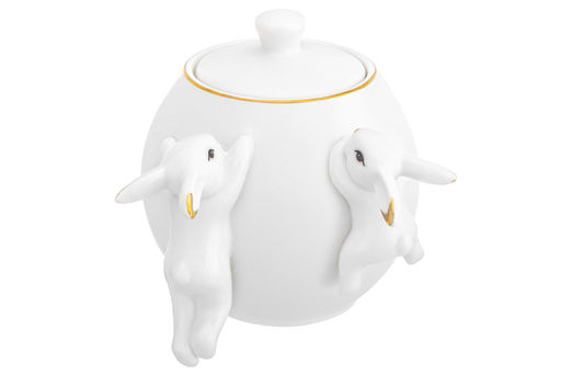 Сахарница с крышкой 650 мл 15,5*11,7*13 см "Кролики" белая с золотом