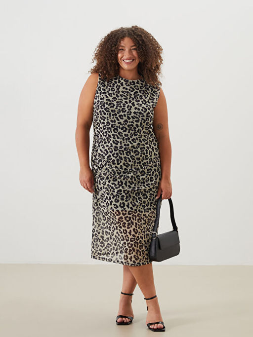 Bisiklet Yaka Leopar Desenli Elbise