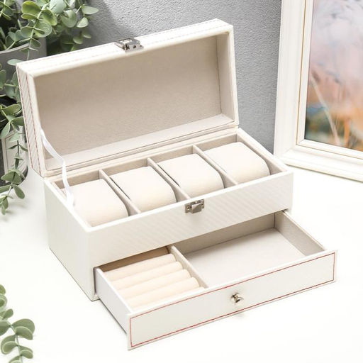 Шкатулка кожзам для украшений и часов 4 отделения Белая 11х22,5х11,5 см - Simaland фото 2