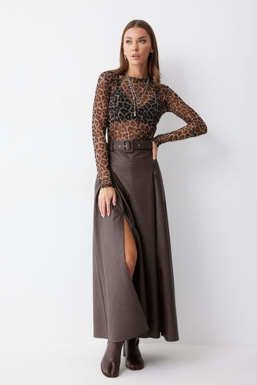 Юбка Lyushe 4187 из экокожи коричневая макси  фото 2