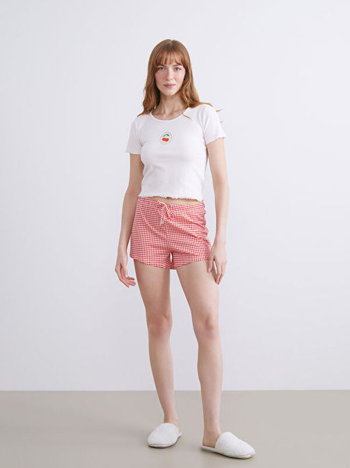 Kiraz Bask?l? Kad?n ?ortlu Pijama Tak?m?