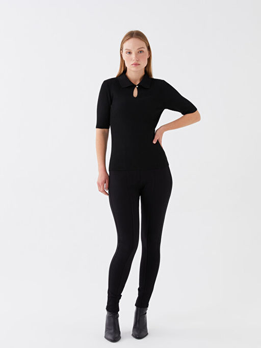 Polo Yaka D?z K?sa Kollu Kad?n Triko Kazak