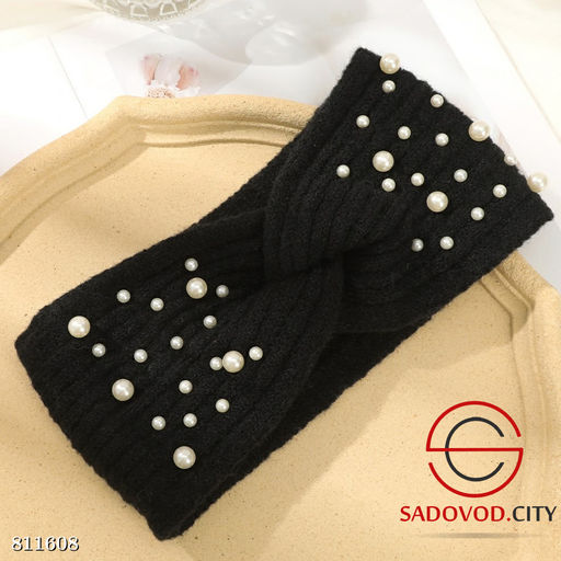 Зимняя тёплая шерстяная вязаная повязка на голову с бусинами - Bruno фото 4