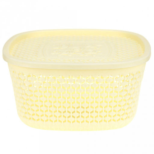 Домашняя мода Корзина-ящик пластмассовая Оренбургская сеточка 19,5х19,5см h10см, крышка с декором, с ручками, ванильный (Китай) фото 2