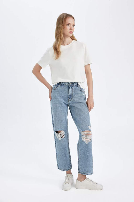 Рваные джинсовые брюки бойфренда длиной до щиколотки с нормальной талией и потертостями - Defacto фото 5