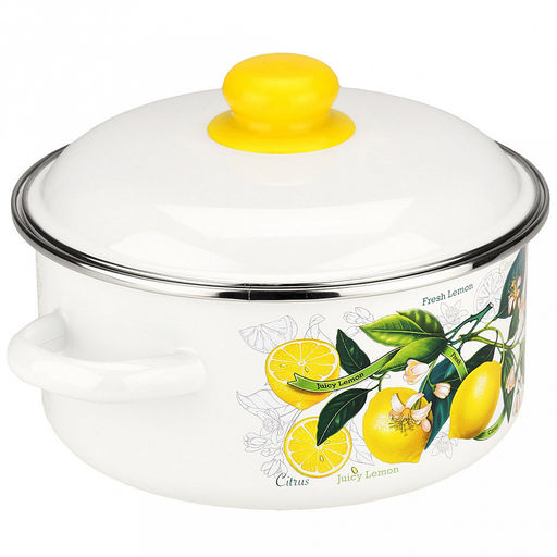 "Лимоны в цвету" Кастрюля эмалированная 3л, д22см, h10,5см, цилиндрическая форма, металлическая крышка, белый (Россия)
