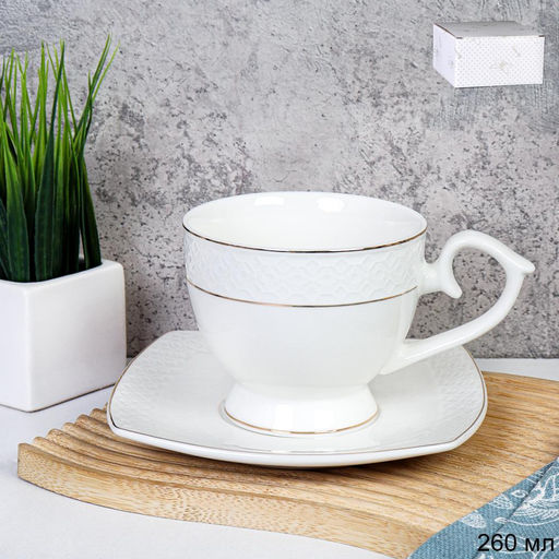 Чайная пара 2 предмета 260 мл на ножке / GA1-12G /уп 48/ костяной фарфор в подарочной упаковке