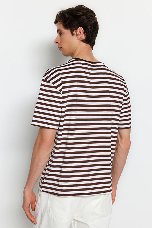 A__k Kahverengi Oversize/Geni_ Kesim _izgili Bisiklet Yaka K_sa Kol T-Shirt TMNSS20TS0511 - Trendyolmilla фото 2