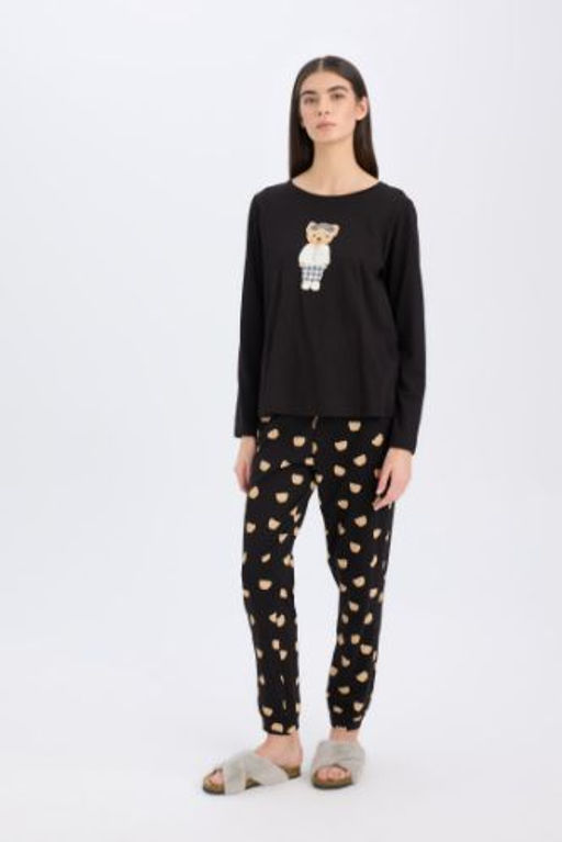 Fall in Love Pijama Tak?m? Regular Fit Bisiklet Yaka Bask?l? Uzun Kollu Ust Uzun Alt