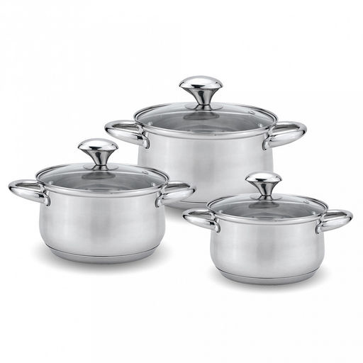 Набор посуды из нержавеющей стали "Kelli" 3 предмета: кастрюля 2,1л - д16см, 3л - д18см, 4л - 20см, зеркальная поверхность, стеклянная крышка, пароотвод, клепаные ручки, 5-ти слойное капсульное дно, цветная коробка (Китай) Подходит для всех видов пли