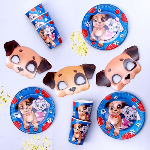 Набор бумажной посуды с масками Щенята: 6 тарелок, 6 стаканов, 6 масок - Страна карнавалия фото 2