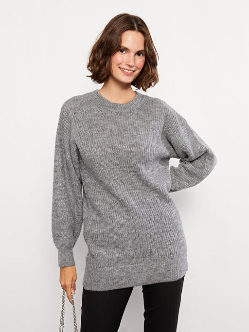 Bisiklet Yaka D?z Uzun Kollu Kad?n Triko Tunik