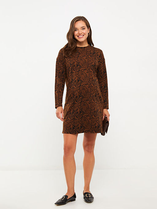 Bisiklet Yaka Desenli Uzun Kollu Hamile Elbise