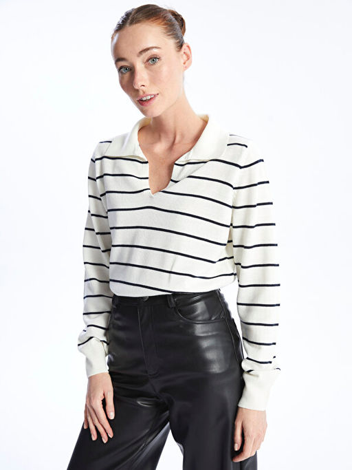 Polo Yaka ?izgili Uzun Kollu Kad?n Triko Kazak - Waikiki фото 2