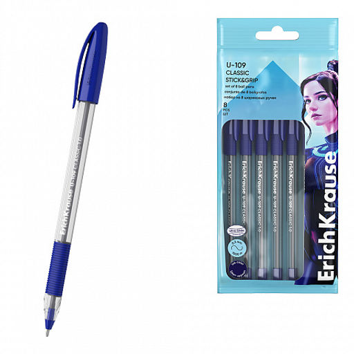 Цена за 50 шт. Ручка шариковая ErichKrause U-109 Stick&Grip Classic 1.0, Ultra Glide Technology, цвет чернил синий (в коробке по 50 шт.) фото 3