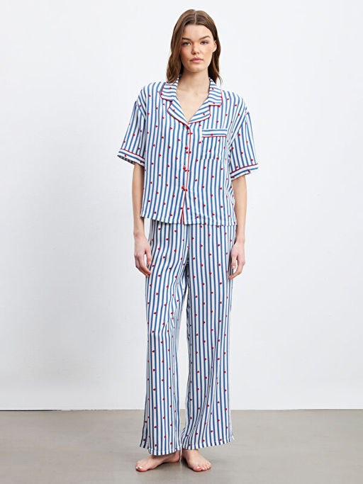 G?mlek Yaka Desenli Kad?n Pijama Tak?m?