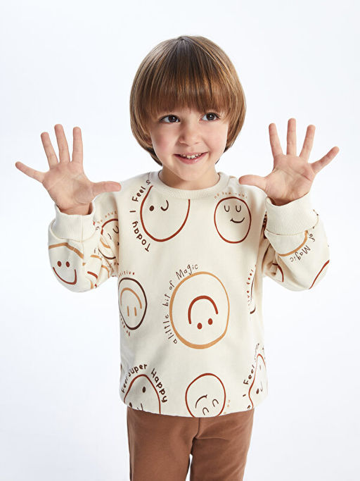 Bisiklet Yaka Uzun Kollu Bask?l? Erkek Bebek Sweatshirt ve E?ofman Alt? 2li Tak?m