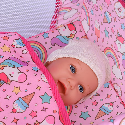 Набор аксессуаров для кукол (стульчик для кормления, манеж, переноска, сумка) единорожка в пакете