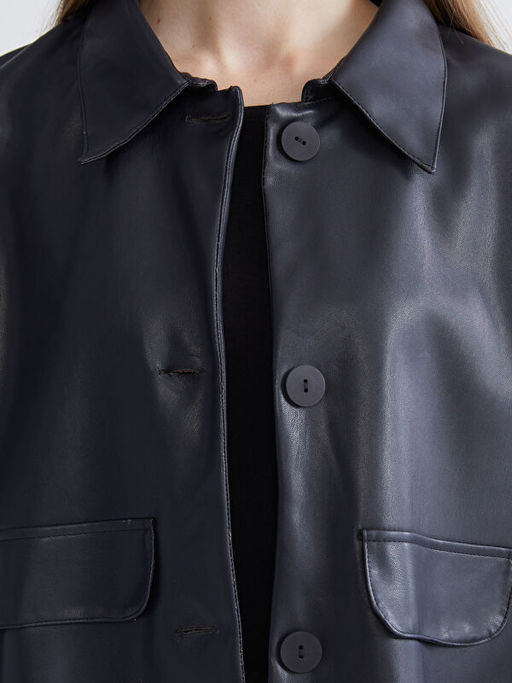 G?mlek Yaka Kad?n Deri G?r?n?ml? Ceket