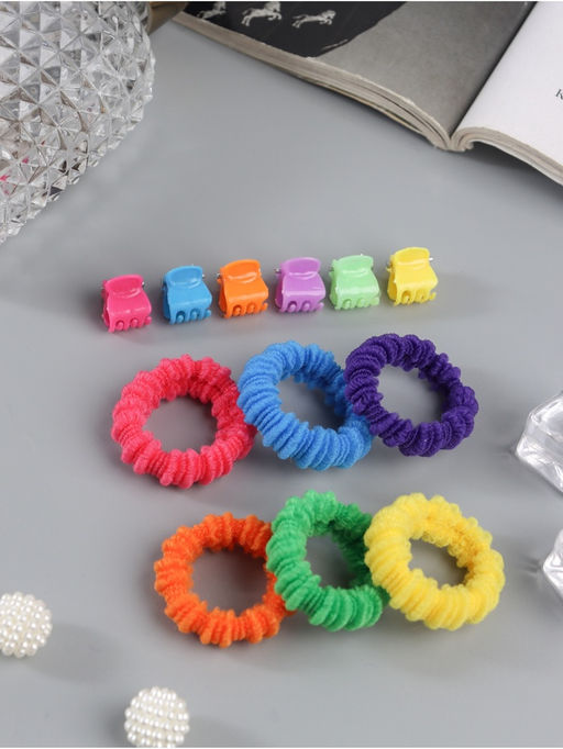 Цена за 6 шт. Набор для волос «Махрушка»: 6 резинок, 6 крабов, ребристая радуга, МИКС