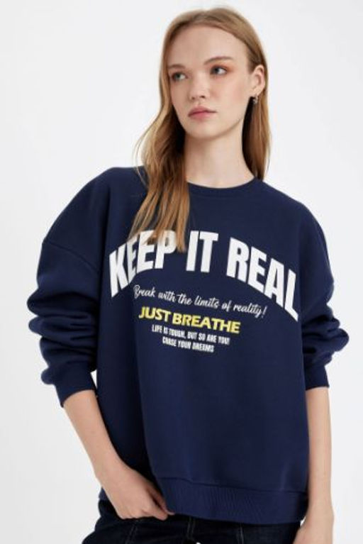 Oversize Genis Kal?p Bisiklet Yaka Bask?l? Kal?n Sweatshirt