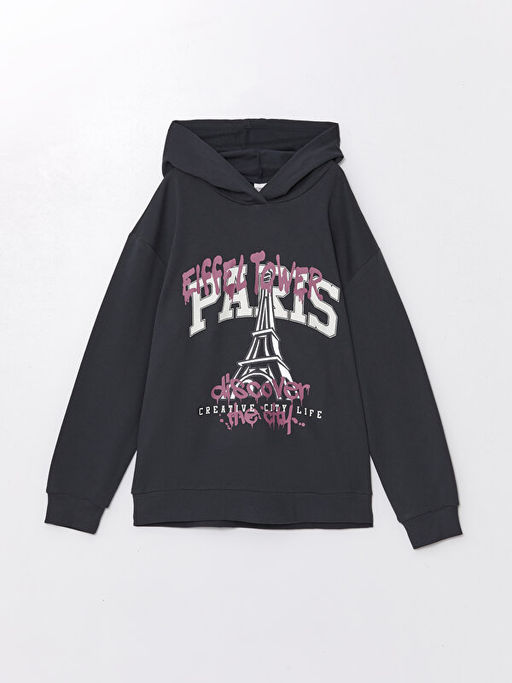 Kap??onlu Bask?l? Uzun Kollu K?z ?ocuk Sweatshirt