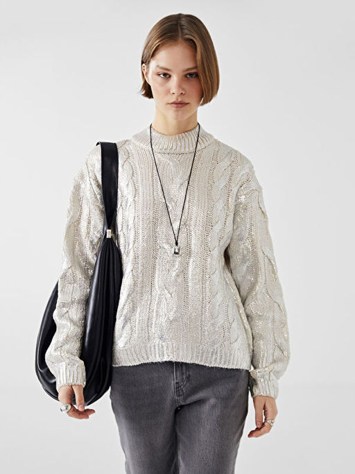 Yar?m Bal?k?? Yaka Parlak G?r?n?ml? Kad?n Triko Kazak