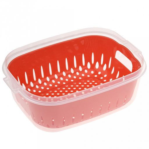 Лоток пластмассовый с решетчатой вставкой (дуршлаг) для мытья и хранения овощей, фруктов и ягод, 1,4л 18х14см h8см, с крышкой, цвета в ассортименте: белый; коралловый; зеленый, в п/эт пакете (Китай)