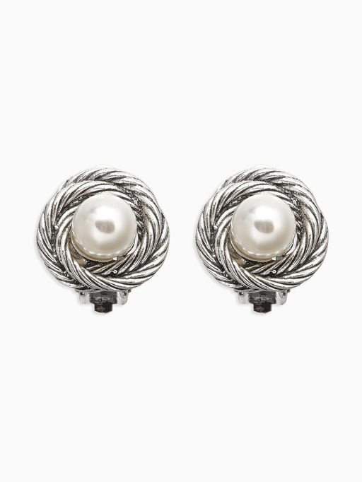 Клипсы для ушей QF Грейс, закругление с бусиной, цвет белый в чернёном серебре