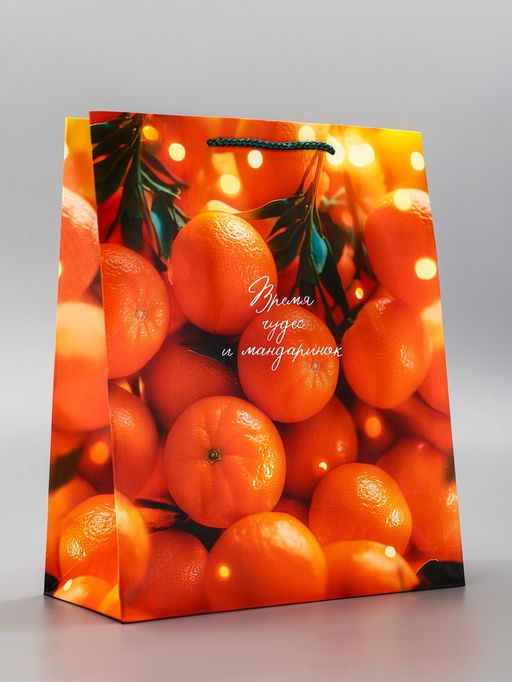 Цена за 2 шт. Пакет подарочный новогодний ламинированный, «Новогодние мандарины», 26×12×32 см